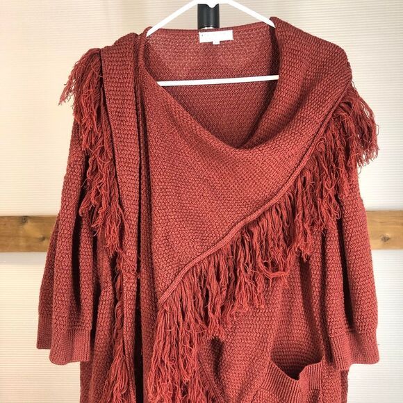 Opening CEREMONY Merino Wool Dark Red Fringe Scarf Short Slv Long Knit Cardigan - Picture 2 of 10
